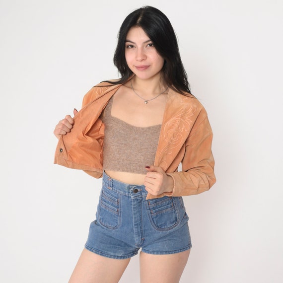 Cropped Suede Jacket 90s Brown Tan Leather Embroi… - image 6
