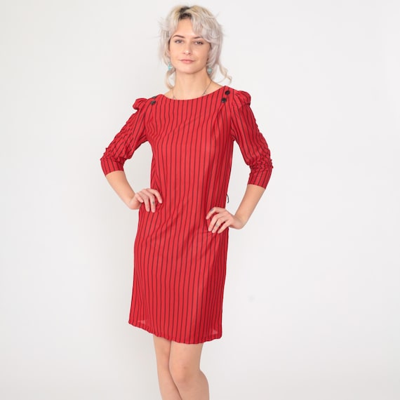 Vintage Red Striped Dress 80s Button Back Mini Dress Puff Sleeve V Neck Black Pinstripe Pencil Retro V-Neck Cocktail Party 1980s Small S