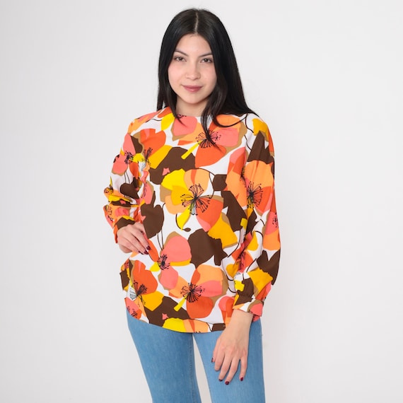 70s Floral Blouse Bright Tropical Top Coral Orange Boho Shirt Bohemian Top Retro Hippie Long Sleeve Vintage 1970s Medium