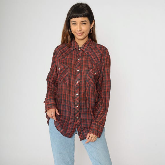 Vintage Plaid Western Shirt 80s Thin Red Black Button Up Pearl Snap Rodeo 1980s Long Sleeve Cowboy Rock Creek Ranch Men's 17 34 Large L