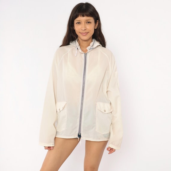 Sheer White Windbreaker 80s Hooded Zip Front Jacket Rain Coat Cream Patch Pocket Hood Drawstring Lightweight Vintage Unisex Mens Medium M