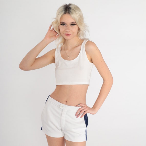 80s Tennis Shorts White Shorts Retro Navy Blue Striped Shorts Mid Rise Athletic Sports Shorts Preppy Vintage 1980s Extra Small xs