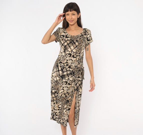 90s Baroque Scroll Dress Black Cream Floral Midi Short Sleeve Waist Jessica Howard Ornate Print Beige Wrap Style Skirt Vintage Small S