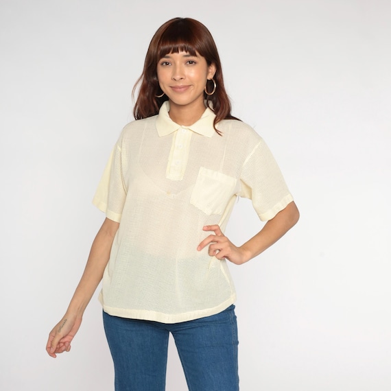 Mesh Polo Shirt 70s Sheer Yellow Shirt Retro Collared T-Shirt Short Sleeve Half Button up Collar Retro Summer Pastel Vintage 1970s Large L