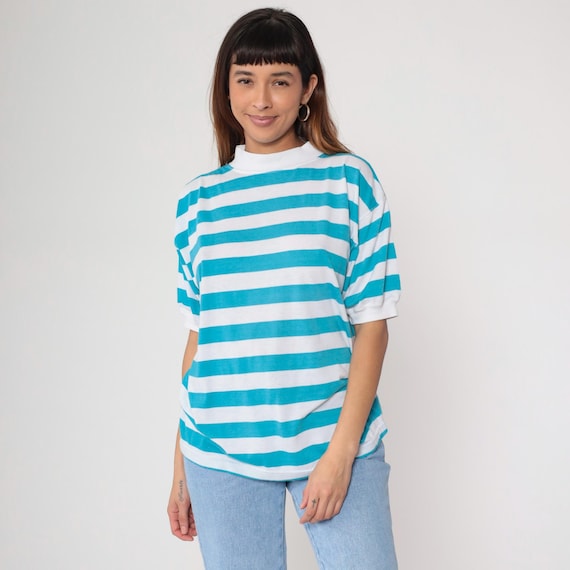Turquoise Striped Shirt 90s Mock Neck Tee Blue White Horizontal Stripe Short Sleeve Boxy Fit Casual Gitano Cotton Summer Spring Large L