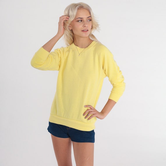80s Sweatshirt Yellow Crewneck Sweatshirt Raglan Sleeve Plain Long Sleeve Shirt Slouchy 1980s Vintage Extra Small xs
