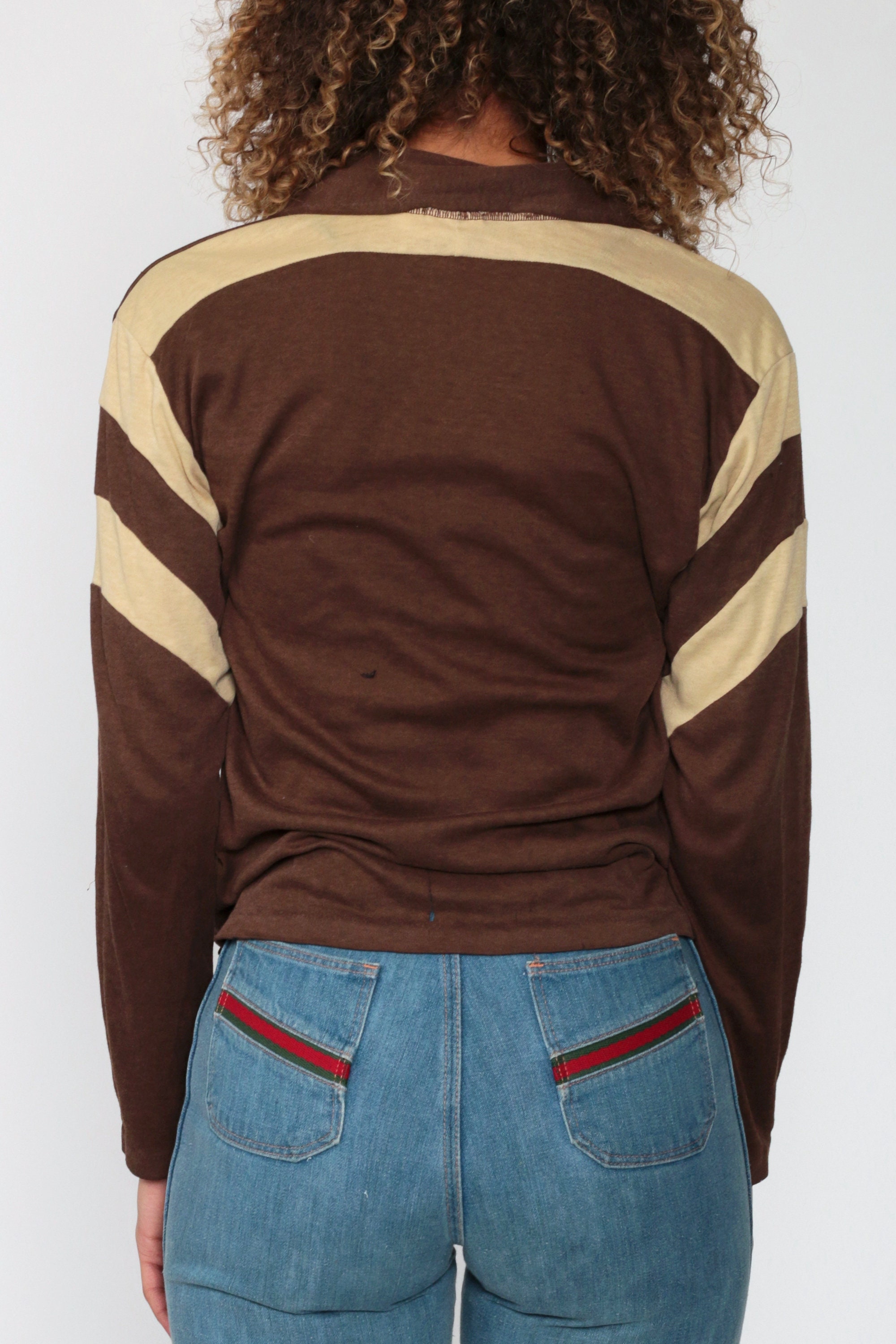70s Polo Shirt BROWN Striped Shirt Long Sleeve Shirt Collared Tan Stripes 1970s Sportswear Nerd 