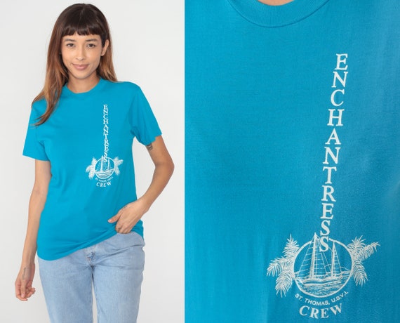 Sailing T-Shirt 90s Enchantress Crew Shirt St Thomas Virgin Islands Graphic Tee Yacht Boat TShirt Single Stitch Blue Vintage 1990s Medium M