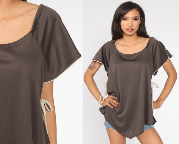 Brown Tunic Top Side Slit Shirt 70s Shirt Disco Tunic Top Polyester 1970s Plain Shirt Vintage Short Sleeve Blouse Medium Large