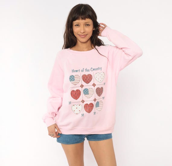 Heart Of The Country Sweatshirt 90s Pink Patchwork Hearts Pullover Raglan Sleeve Blush Rose Cottagecore Quilted Cotton Vintage Medium M