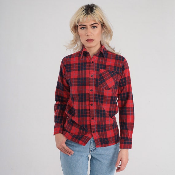 Vintage Red Plaid Shirt 90s Flannel Button up Shirt Retro Grunge Lumberjack Long Sleeve Boyfriend Checkered Print Top 1990s Small S