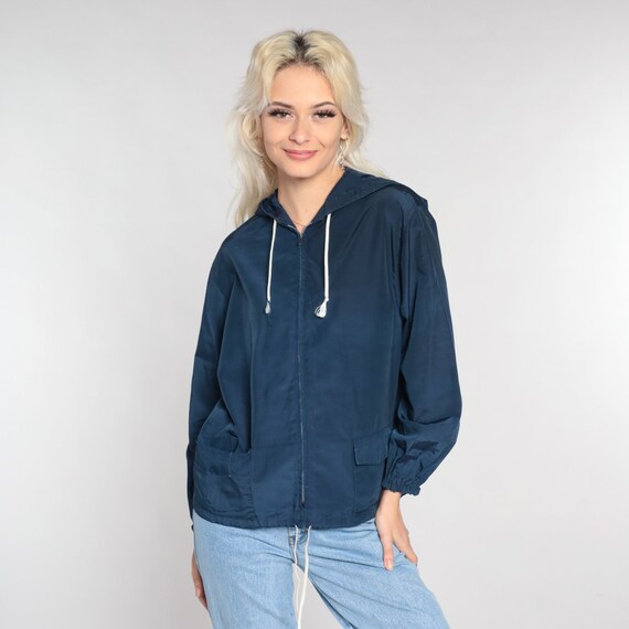 Navy Blue Hooded Jacket 80s Zip Up Windbreaker Hoodie Retro Basic Simple Casual Streetwear Track Jacket Coat Hood Vintage 1980s Small S