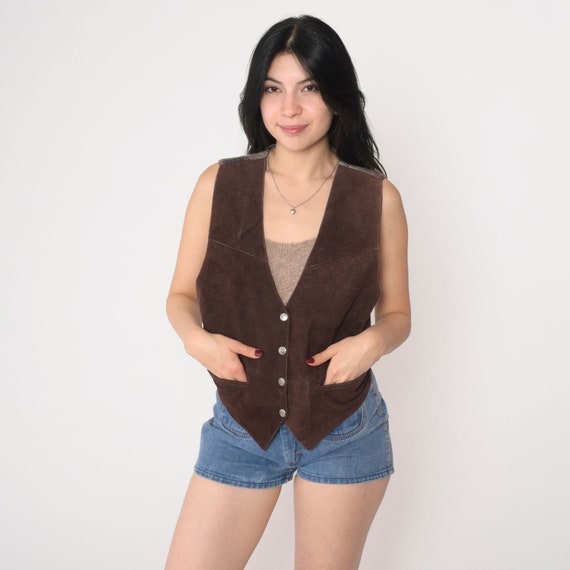 Brown Suede Vest 90s Leather Snap up Vest Top Plaid Checkered Back Western Hippie Festival Sleeveless Jacket Rocker Vintage 1990s Medium M
