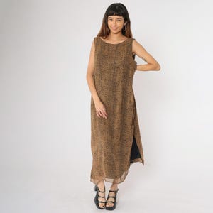 90s Silk Leopard Dress Animal Print Vintage Maxi Sun Dress Side Slit Sleeveless Sundress 1990s Straight Column Cut 18W Plus Size