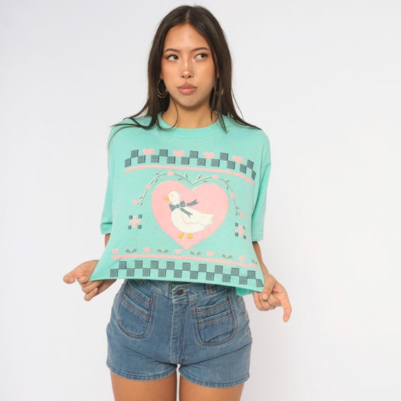 90s Goose Graphic Crop Top Mint Green Cotton Tee Pink Heart Country Duck Short Sleeve Boxy Fit Cropped T Shirt Cottagecore Novelty Large L
