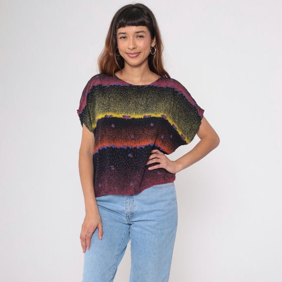 Abstract Print Top 90s Multicolor Blouse Short Sleeve Artistic Graphic Pattern Green Yellow Black Orange Blue Red Vintage Small Medium