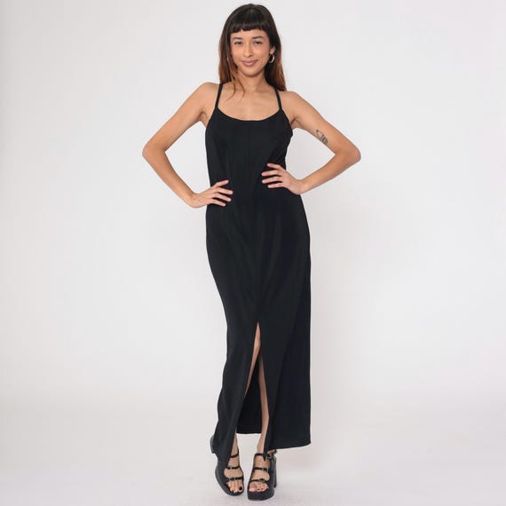 90s Black Party Dress Front Slit Low Back Party Dress Scott McClintock Maxi Sexy Dress Cocktail Formal Vintage Spaghetti Strap Medium