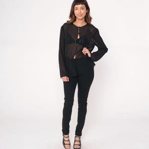 Beaded Party Blouse Adrianna Papell 90s Black Sheer Keyhole Neckline Embellished Cocktail Evening Dressy Party Top Vintage Sparkle Large L image 5