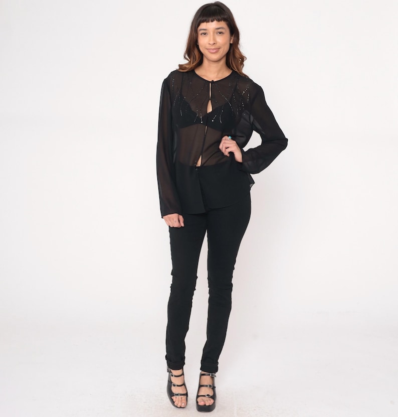 Beaded Party Blouse Adrianna Papell 90s Black Sheer Keyhole Neckline Embellished Cocktail Evening Dressy Party Top Vintage Sparkle Large L image 5