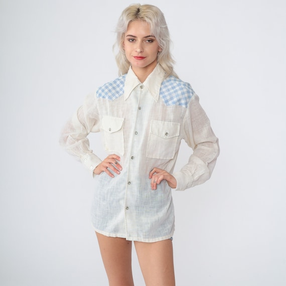 70s Western Shirt Checkered Gauze Pearl Snap Shirt Sheer Off-White Blue Plaid Button up Long Sleeve Rodeo Cowboy Boho 1970s Vintage Medium