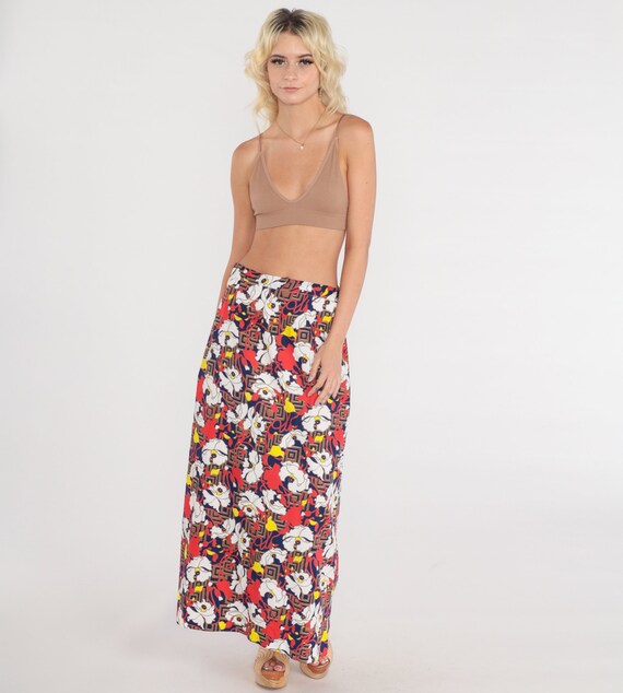 Floral Maxi Skirt 70s Bohemian Skirt Flower Psychedelic Print Boho Hippie Long Skirt High Waisted Retro Red White Blue Vintage 1970s Medium