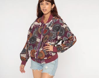 90s Silk Windbreaker Jacket Abstract Print Bomber Jacket Burgundy Brown Red Studded Warm Up Zip Up 1990s Retro Streetwear Oversized Small S