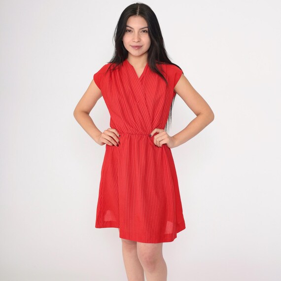 70s Wrap Dress Red Striped V Neck Mini Dress 1970s Boho High Waisted Retro Vintage Cap Sleeve Polyester Bohemian Small