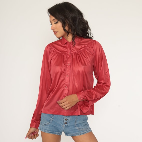 Dark Pink Shirt 70s Button Up Blouse Hippie Boho Tunic Top Tent Shirt 1970s Grecian Disco Top Vintage Collared Long Sleeve Medium