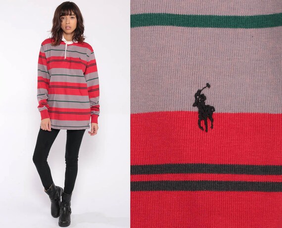 Ralph Lauren Polo Shirt 90s Streetwear Grey Red Striped Long Sleeve Baggy Oversized Preppy Pullover Vintage Retro Sport Extra Large xl 2xl