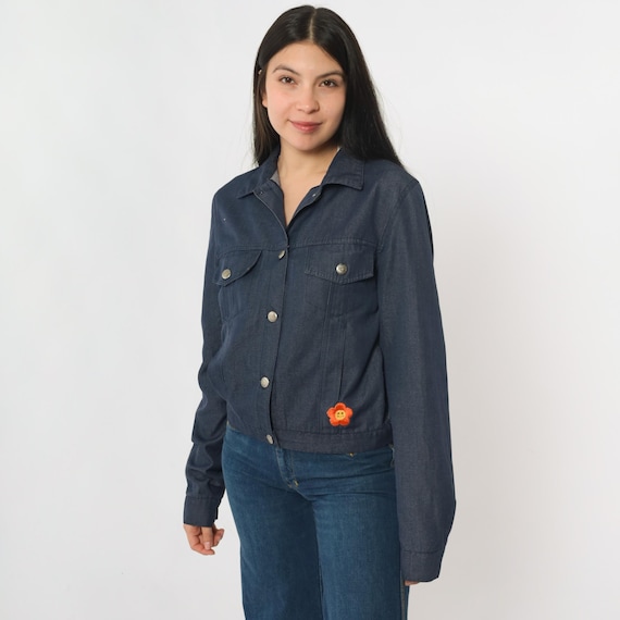 Vintage 70s Jean Jacket Flower Patch Denim Jacket Dark Blue Hippie Button Up Trucker Jacket Retro Seventies Boho 1970s Women's Medium Tall