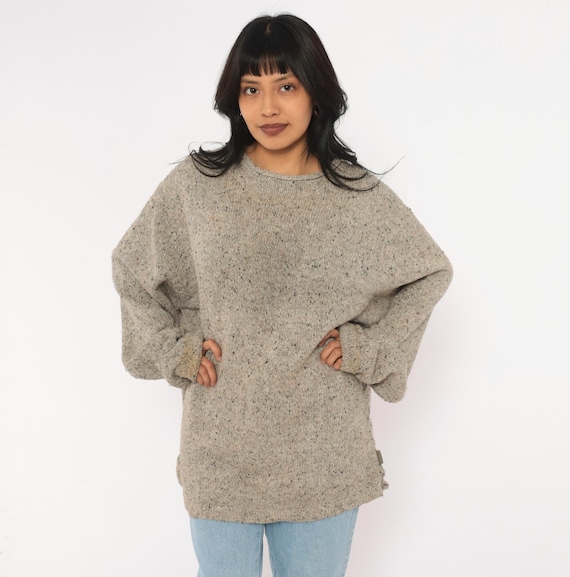 Y2K Woolrich Tan Speckled Knit Wool Sweater Crew Neck Pullover Boxy Fit Long Sleeve Flecked Beige Grandpa Jumper Unisex Mens Extra Large XL