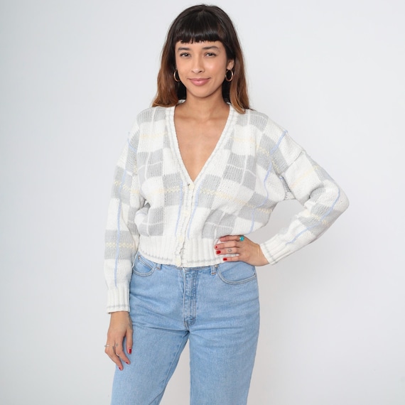Cropped Cardigan 90s Pastel Stripe V Neck Button Front Cotton Knit Vintage Cream Gray Blue Yellow Preppy Soft Casual Cozy Medium M