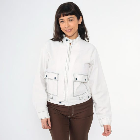Vintage White Moto Jacket 60s Mod Utility Style Contrast Stitching Zip Front Pockets 1960s High Neck Belt Loops Short Fit Medium M