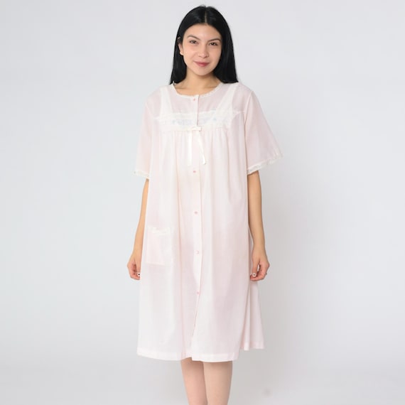 Vintage 70s Shadowline Pink Robe Semi-Sheer Lace Floral Embroidered Bow Short Sleeve Button Up Pajama Jacket Pastel Nightgown 1970s Large L