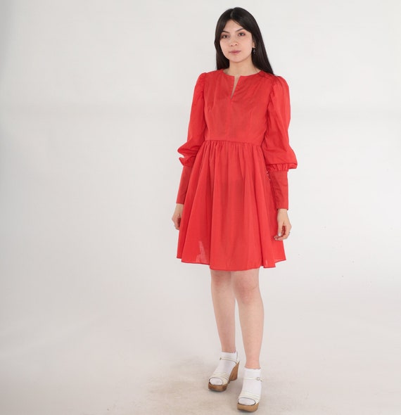 Red Mini Dress 60s Mod Dress Long Puff Balloon Sleeve High Waisted Semi-Sheer Retro Simple Peasant Party Minidress Vintage 1960s Small S