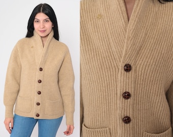 Tan Wool Cardigan 70s Button Up Ribbed  Knit Sweater Retro Grandpa Fisherman Sweater Basic Fall Neutral Simple Plain Vintage 1970s Medium M