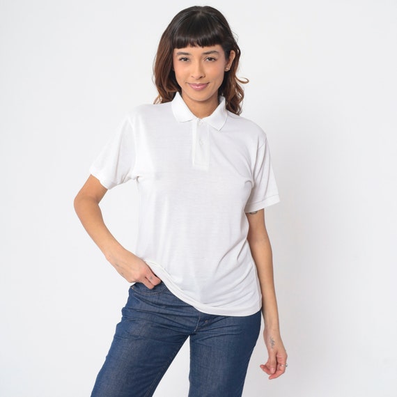 White Polo Shirt 80s Button Up Short Sleeve Collared Shirt Retro Plain Tshirt Basic Collar Preppy Cotton Vintage 1980s Men's Small S