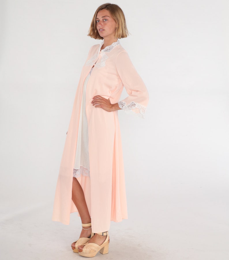 Pink Pajama Robe 70s Lingerie Bed Jacket Lace Trim Long Sleeve Maxi ...
