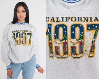 California 1997 Sweatshirt 90s Ringer Sweatshirt Beach Palm Trees Sailboat Moon Stars Graphic Shirt Retro Grey Blue Striped Vintage 1990s XL
