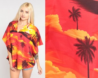 Tropical Caftan Top 90s Red Yellow Boho Blouse Hawaiian Palm Tree Print Shirt Angel Sleeve Summer Festival Vintage 1990s  Small Medium Large