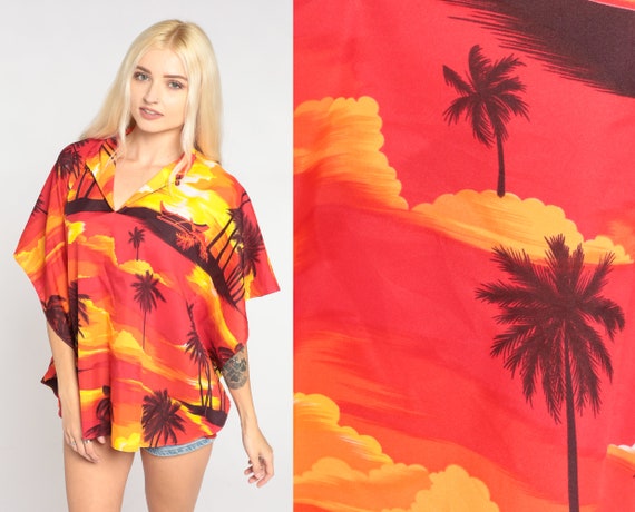 Tropical Caftan Top 90s Red Yellow Boho Blouse Hawaiian Palm Tree Print Shirt Angel Sleeve Summer Festival Vintage 1990s  Small Medium Large