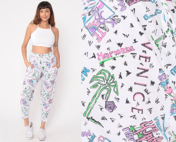 90s Hammer Pants Los Angeles Beach Parachute Pants White Venice Malibu California Palm Tree Flamingo Ankle Vintage 1990s Socal Small xs