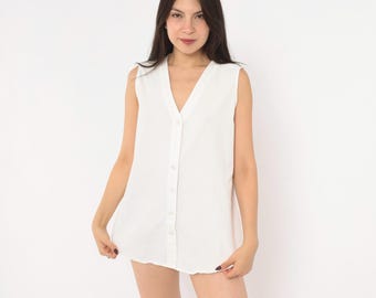 90s White Cotton Sleeveless Blouse V Neck Button Front Minimal Plain Shell Top Summer Tank Boxy Preppy Layering Clean Girl Vintage Medium M