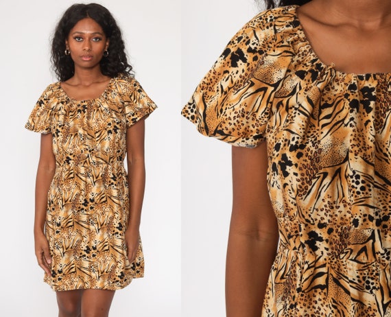 Leopard Print Dress 80s Babydoll Dress Mini Bohem… - image 1