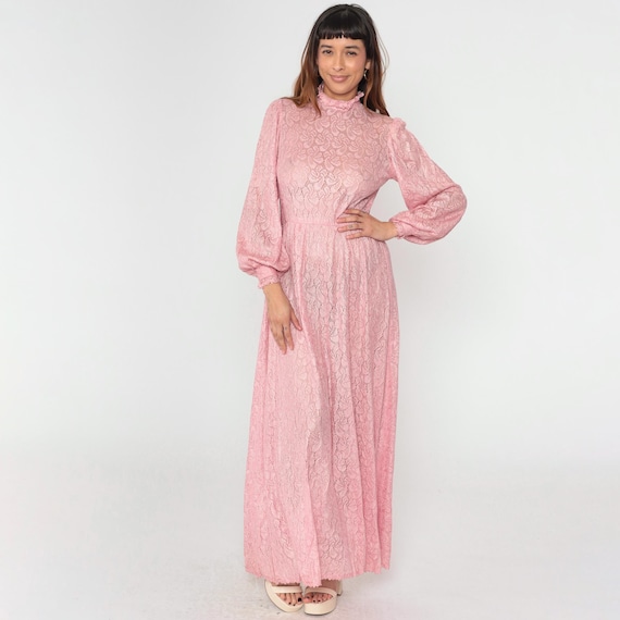 Vintage Pink Lace Maxi Dress 70s Sheer Boho Party Gown Long Bishop Sleeve Bohemian Formal Evening 1970s Button Back High Waist Small Medium