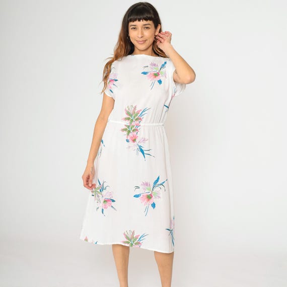 80s Tropical Floral Dress White Boatneck Midi Dress Summer Bohemian Ruched Cap Sleeve Vintage Boho High Waisted 1980s Semi-Sheer Medium