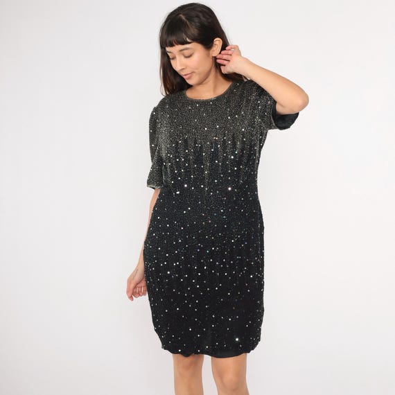 Vintage Silk Beaded Dress 90s Black Silver Mini Dress Sequin Party Formal Retro Glam Short Sleeve Sheath Cocktail Sparkly 1990s Medium Large