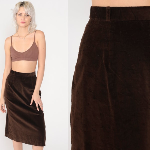 Brown Velvet Skirt Pencil Skirt 80s High Waisted Midi 1980s Party Skirt Cocktail Gothic Retro Vintage High Waist Extra Small xs