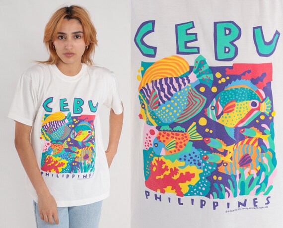 Cebu Philippines Shirt 00s Tropical Fish Shirt Island Coral Graphic Tee Filipino Tshirt Retro Tourist Travel Asia Vintage 2000s White Small