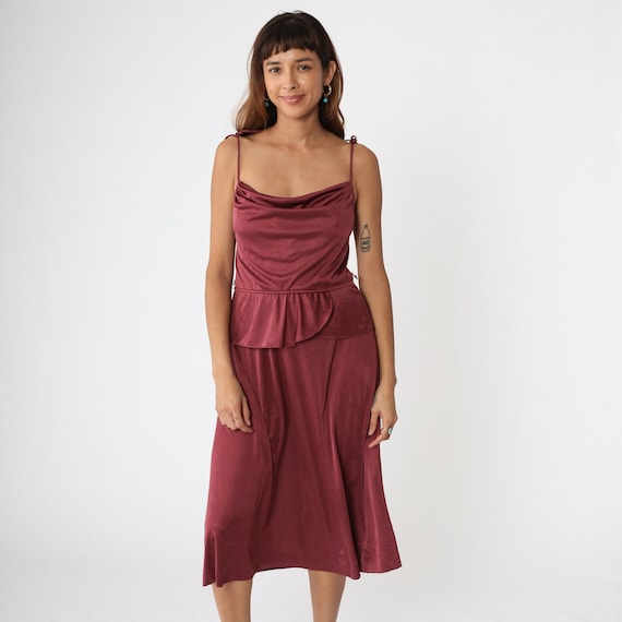 70s Party Dress Maroon Midi Sun Dress Spaghetti Strap 1970s GRECIAN Sun Peplum Vintage BOHO High Waist Bohemian Sundress Plain Small S